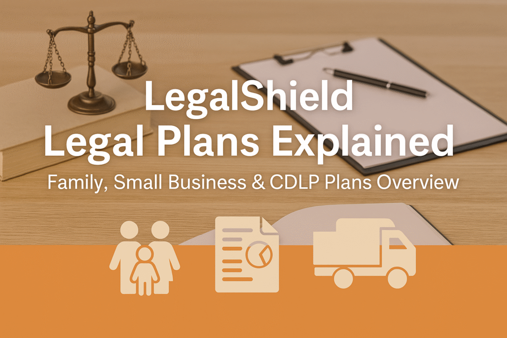 Header image showing a justice scale, legal documents, and icons representing family, small business, and commercial driver plans, with the text “LegalShield Legal Plans Explained – Family, Small Business & CDLP Plans Overview.”