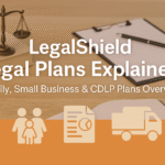 Header image showing a justice scale, legal documents, and icons representing family, small business, and commercial driver plans, with the text “LegalShield Legal Plans Explained – Family, Small Business & CDLP Plans Overview.”