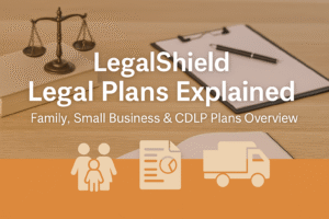 Header image showing a justice scale, legal documents, and icons representing family, small business, and commercial driver plans, with the text “LegalShield Legal Plans Explained – Family, Small Business & CDLP Plans Overview.”