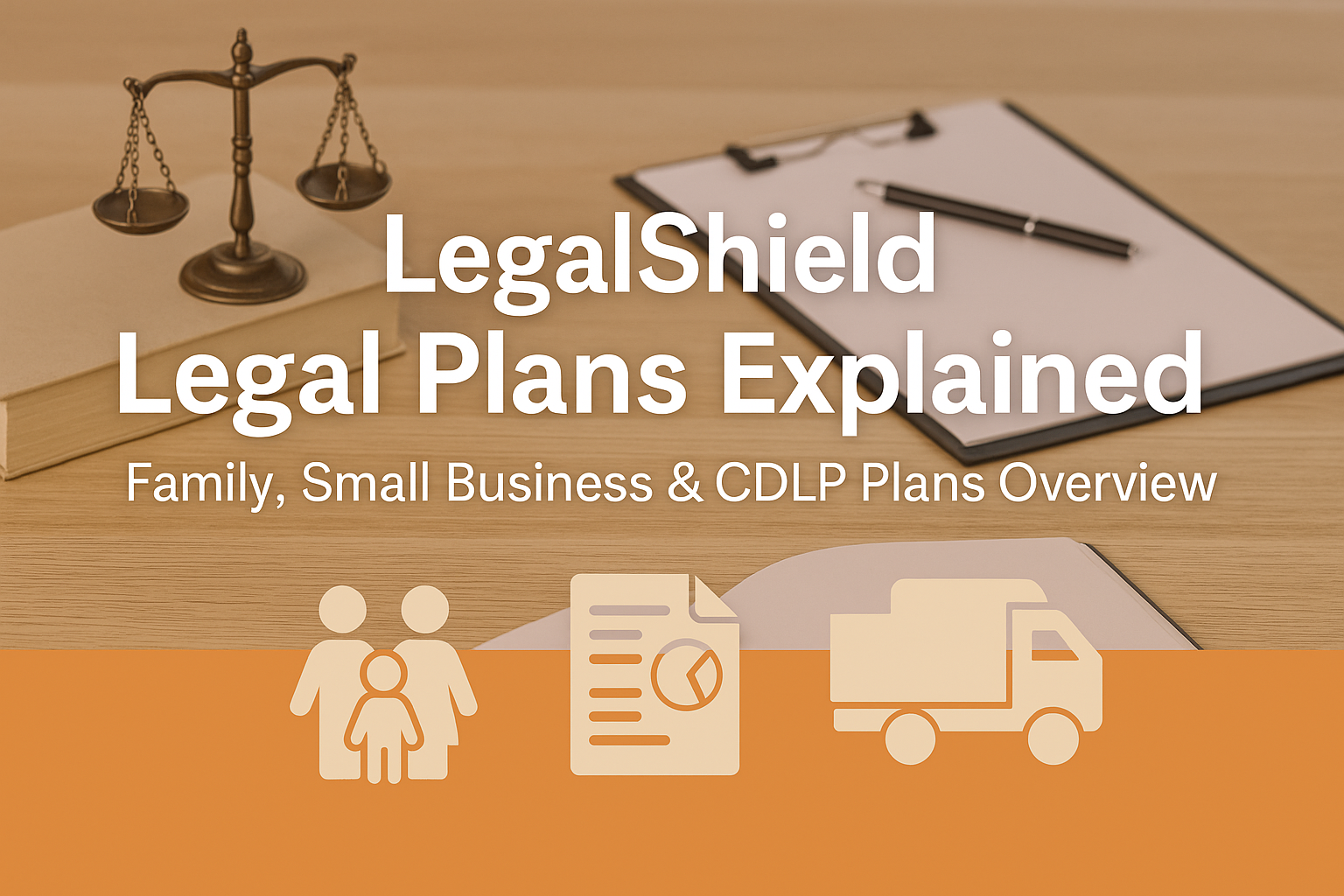 Header image showing a justice scale, legal documents, and icons representing family, small business, and commercial driver plans, with the text “LegalShield Legal Plans Explained – Family, Small Business & CDLP Plans Overview.”