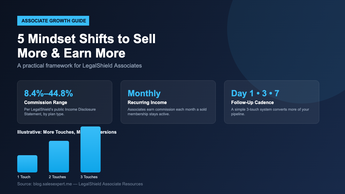 Infographic showing LegalShield associate commission range 8.4%-44.8%, monthly recurring renewal income, a Day 1-3-7 follow-up cadence, and a bar chart illustrating that more follow-up touches lead to more conversions.